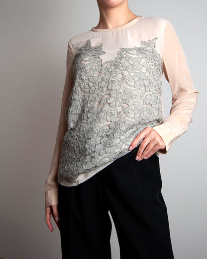 Some Things Never Fade designer vintage preloved Diane Von Furstenberg silk nude pink blouse grey lace panel